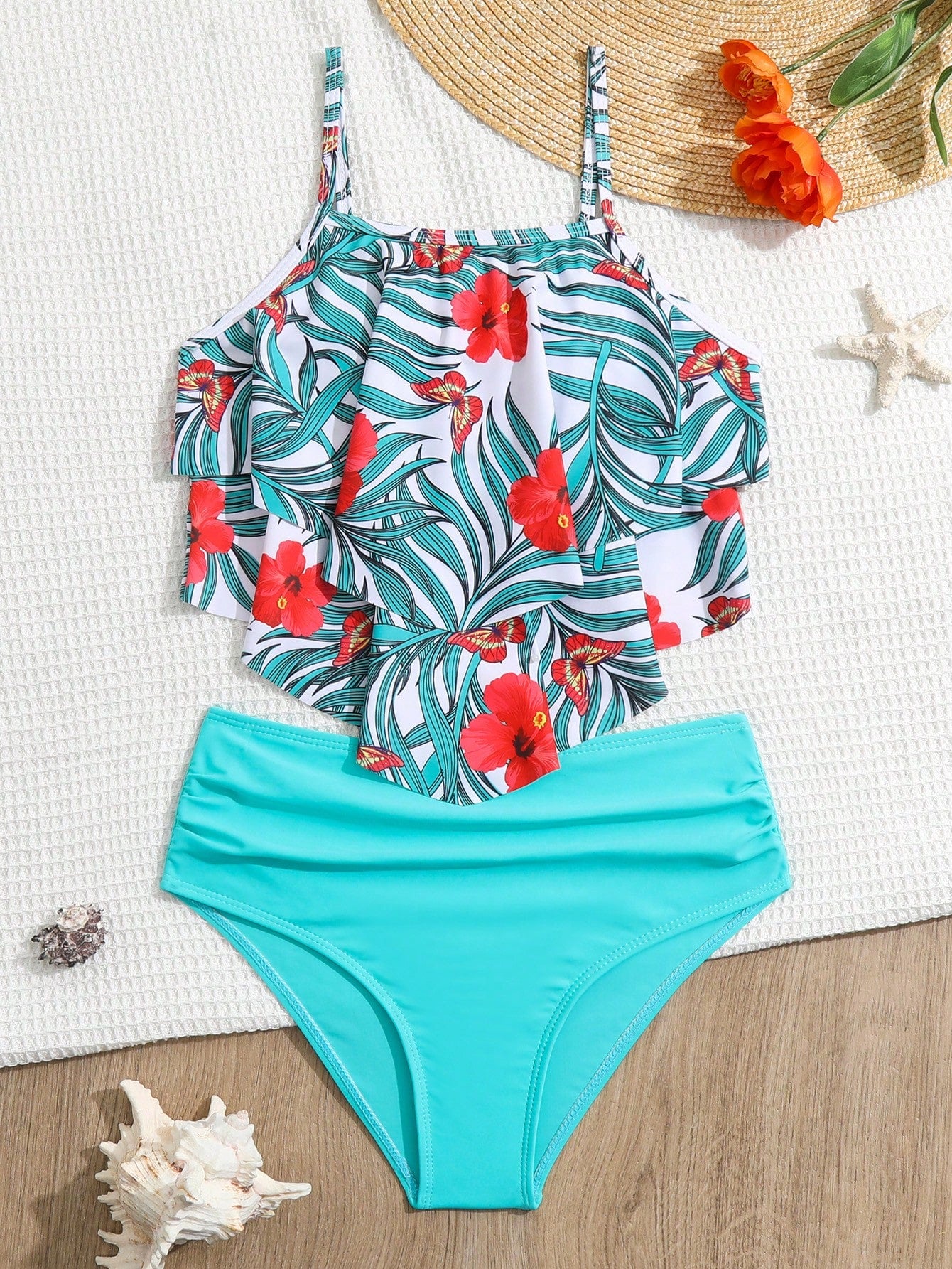 Tween Girl Tropical Print Layer Hem Bikini Set Summer Beach