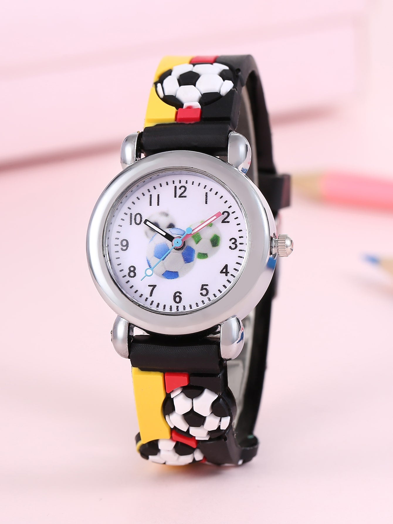 1pc Kids Soccer Pattern Plastic Strap Cute Round Dial Quartz Watch, For Daily Life