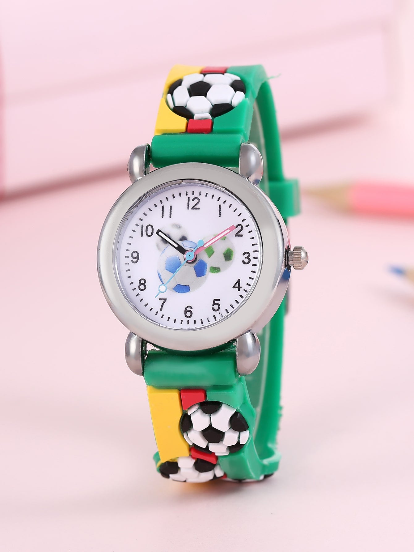 1pc Kids Soccer Pattern Plastic Strap Cute Round Dial Quartz Watch, For Daily Life