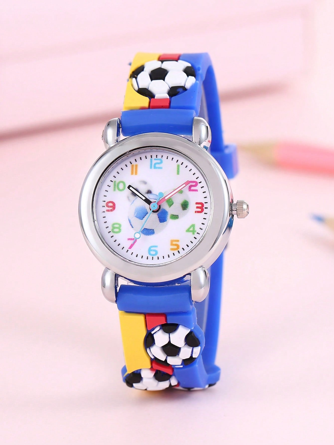 1pc Kids Soccer Pattern Plastic Strap Cute Round Dial Quartz Watch, For Daily Life