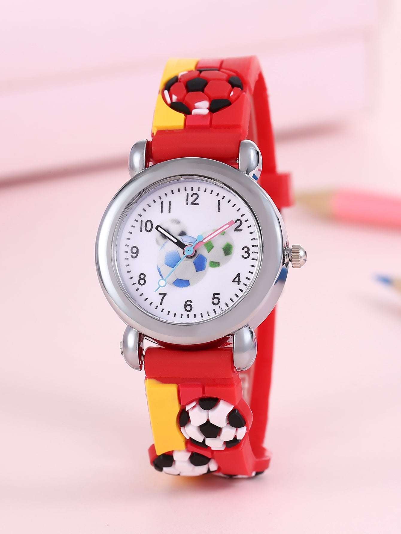 1pc Kids Soccer Pattern Plastic Strap Cute Round Dial Quartz Watch, For Daily Life