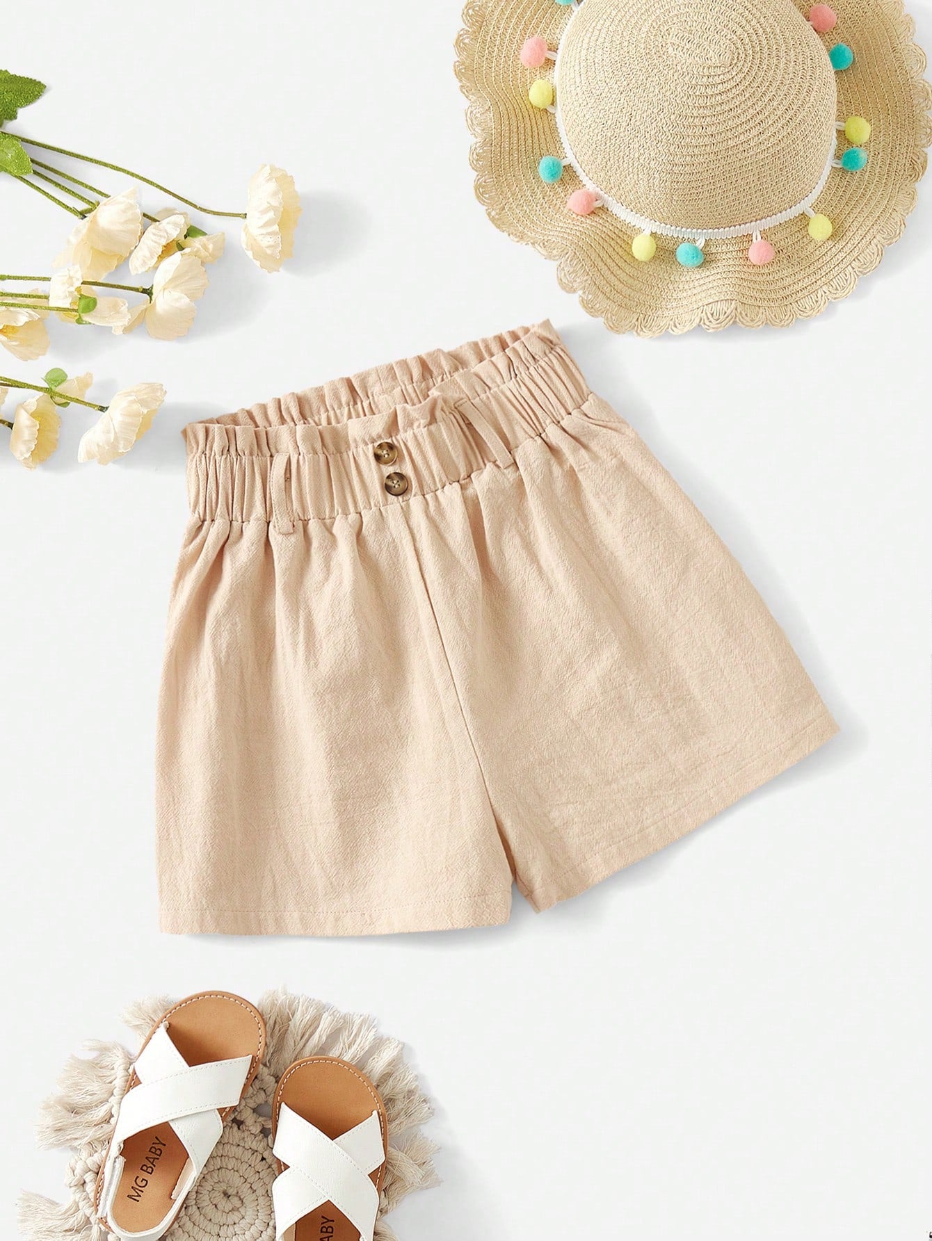 Tween Girl Solid Color Casual Shorts With Paper Bag Waist And Button Detail