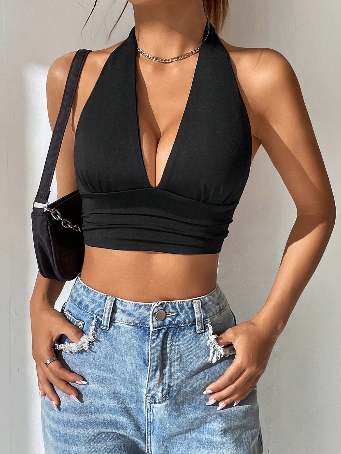 Summer Solid Backless Crop Halter Top