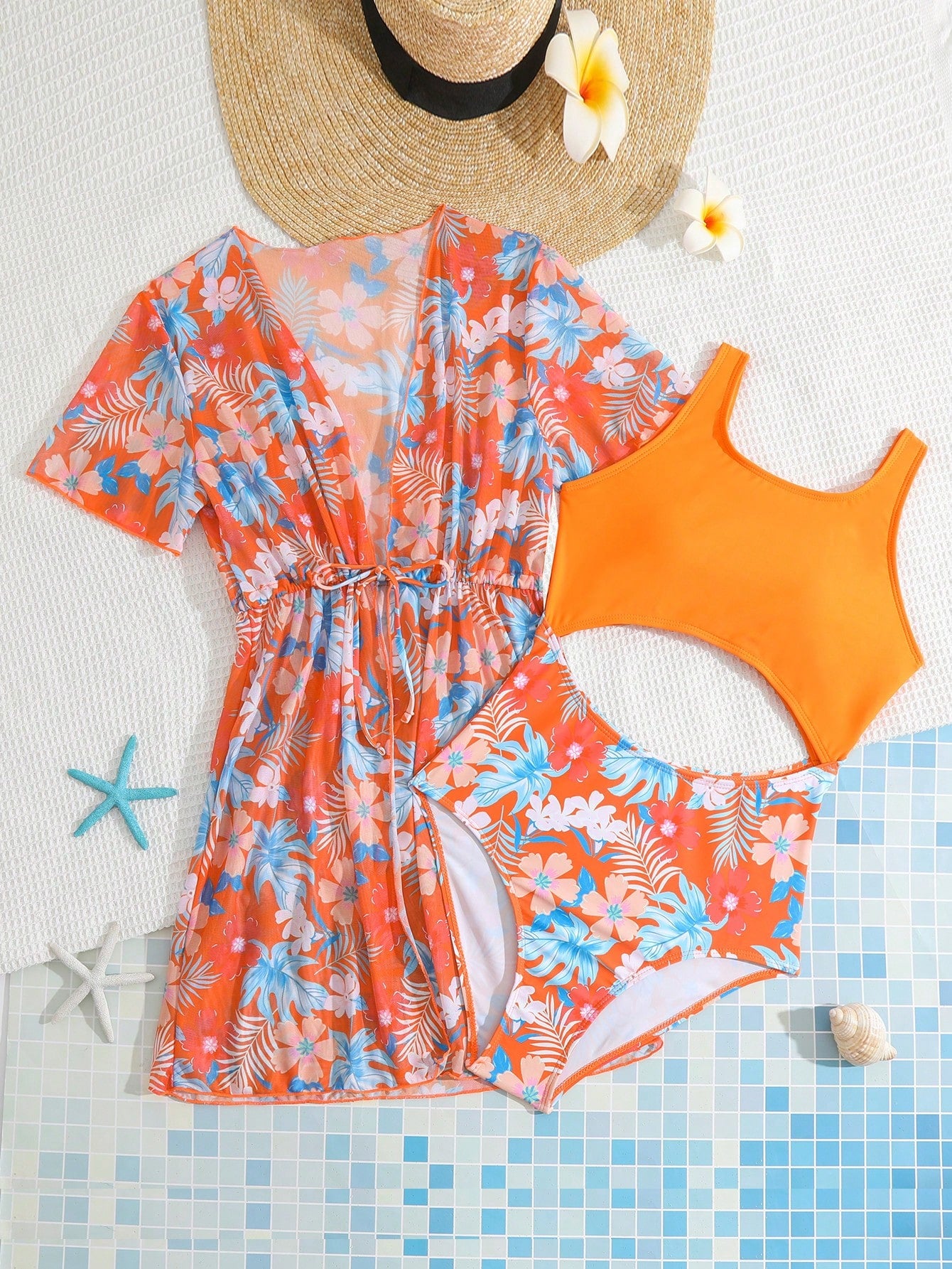 Teen Girls Tropical Print Cut Out One Piece Swimsuit With Kimono Matching Set