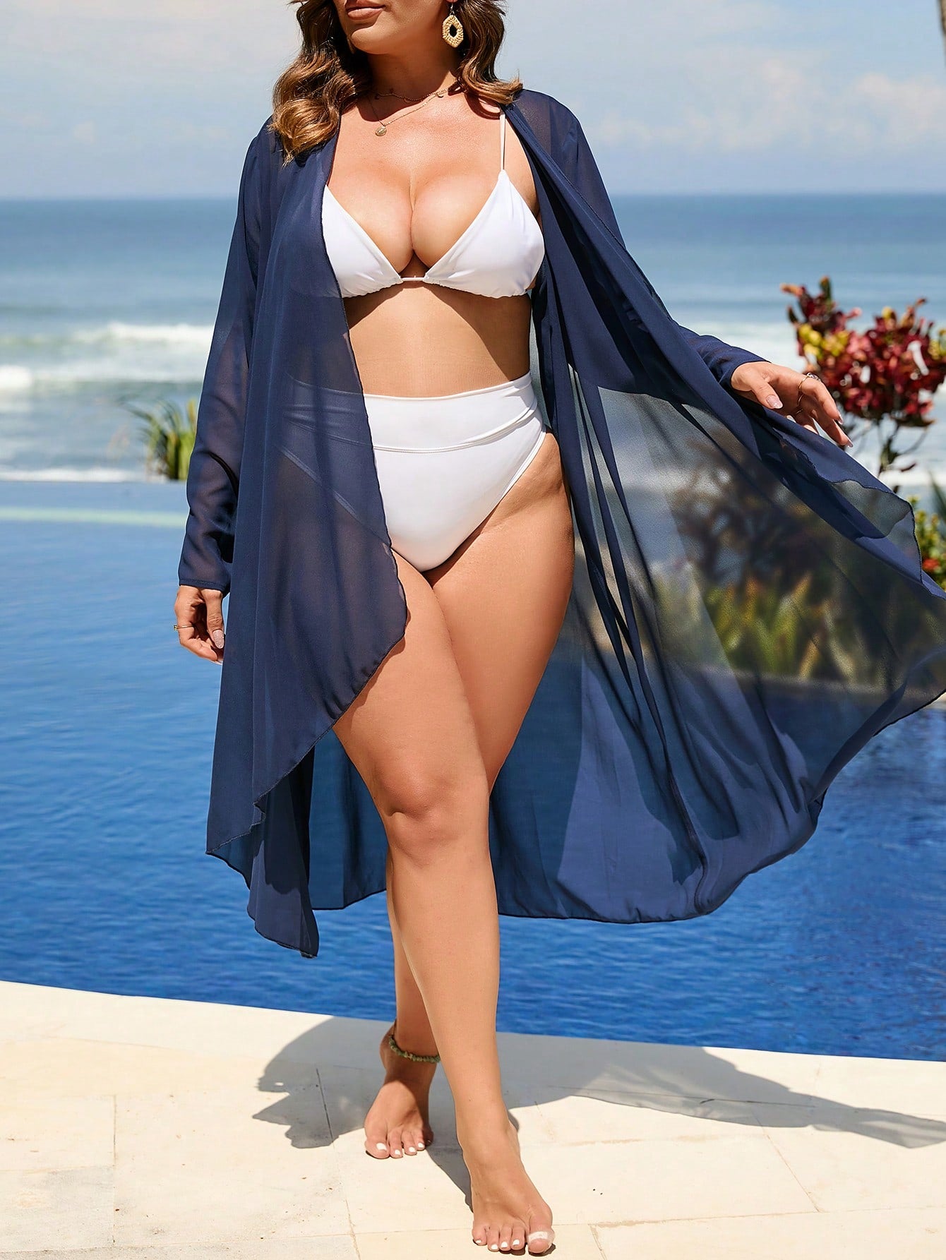 Swim Curve Summer Beach Plus Solid Open Front Kimono