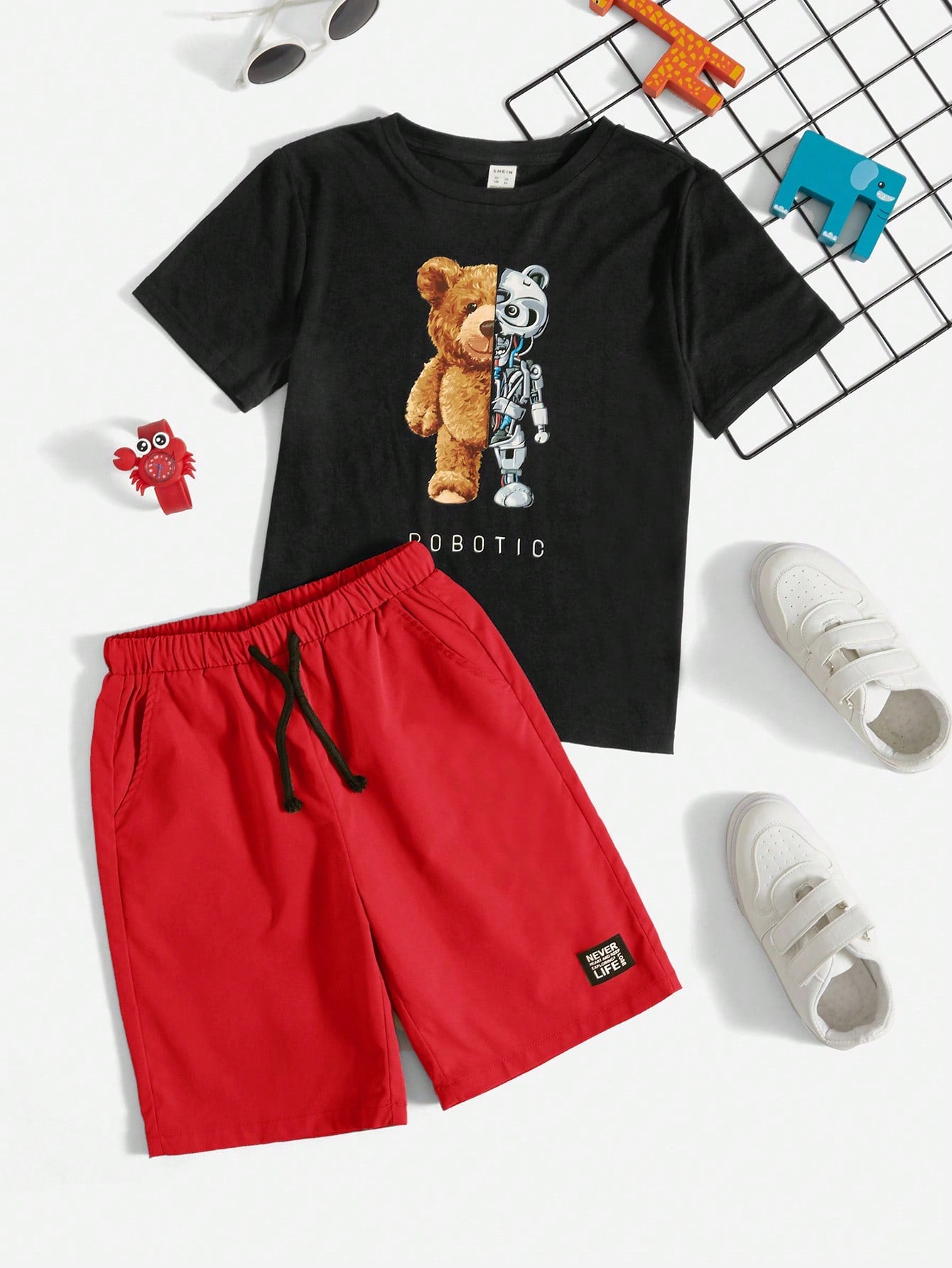 Tween Boy Bear & Letter Graphic Tee & Drawstring Waist Shorts