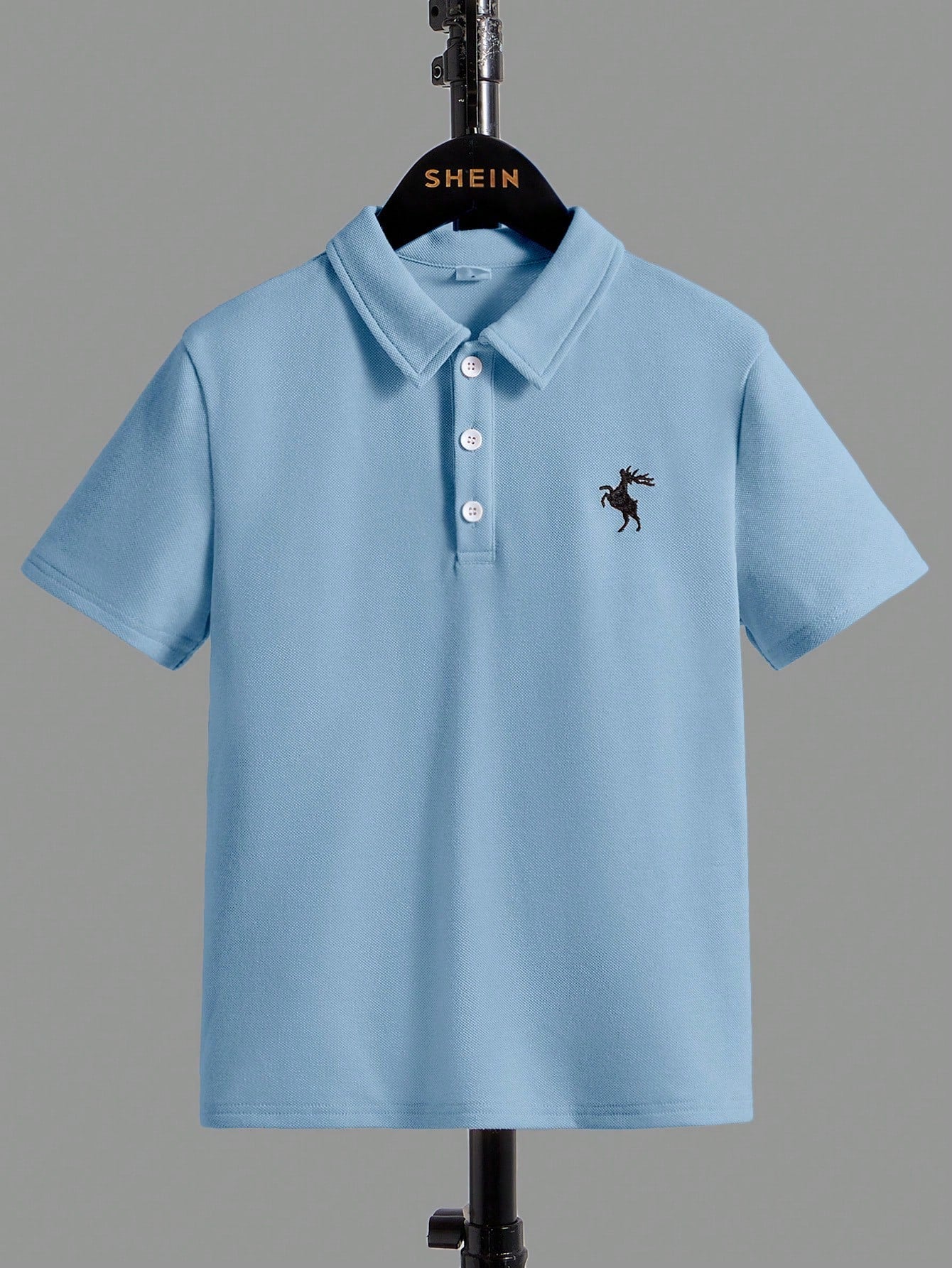 Tween Boy Casual Polo Shirt With Deer Embroidery, Short Sleeve Material, Suitable For Daily Wear In Summer