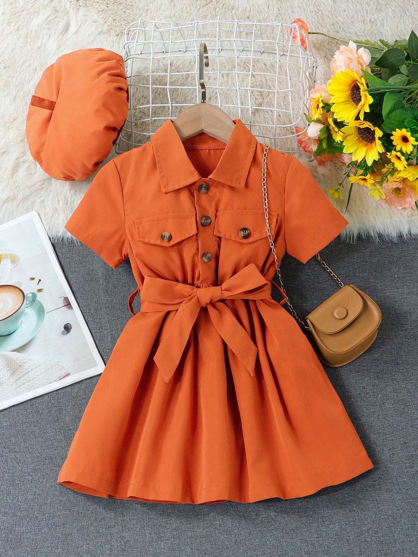 Young Girl Flap Detail Belted Shirt Dress & Accessory Hat Without Bag