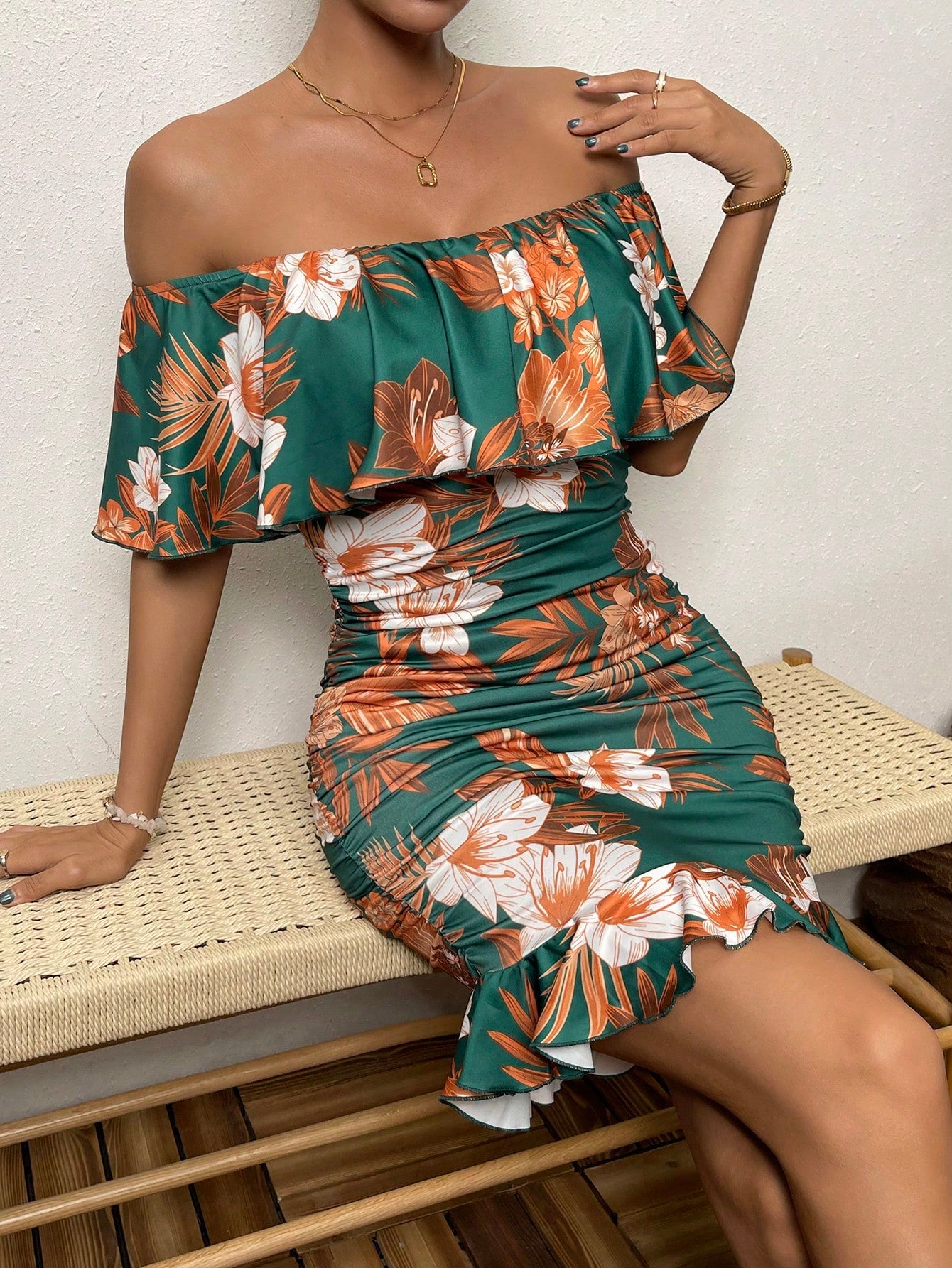 Plants Print Off Shoulder Ruffle Trim Ruched Bodycon Dress