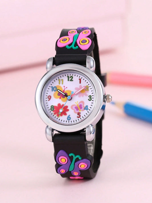 1pc Kids Black Plastic Strap Fashion Butterfly Decor Round Dial Quartz Watch, For Daily Decoration