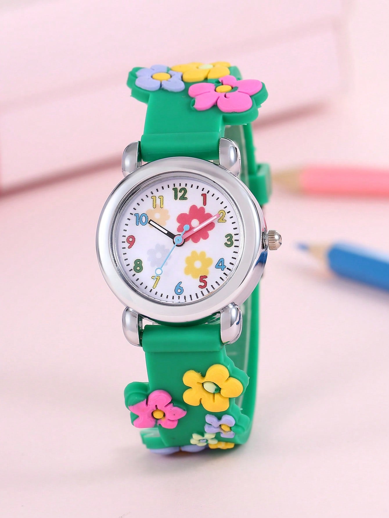 1pc Kids Pink PVC Strap Fashionable Butterfly Pattern Round Dial Quartz Watch, For Daily Decoration