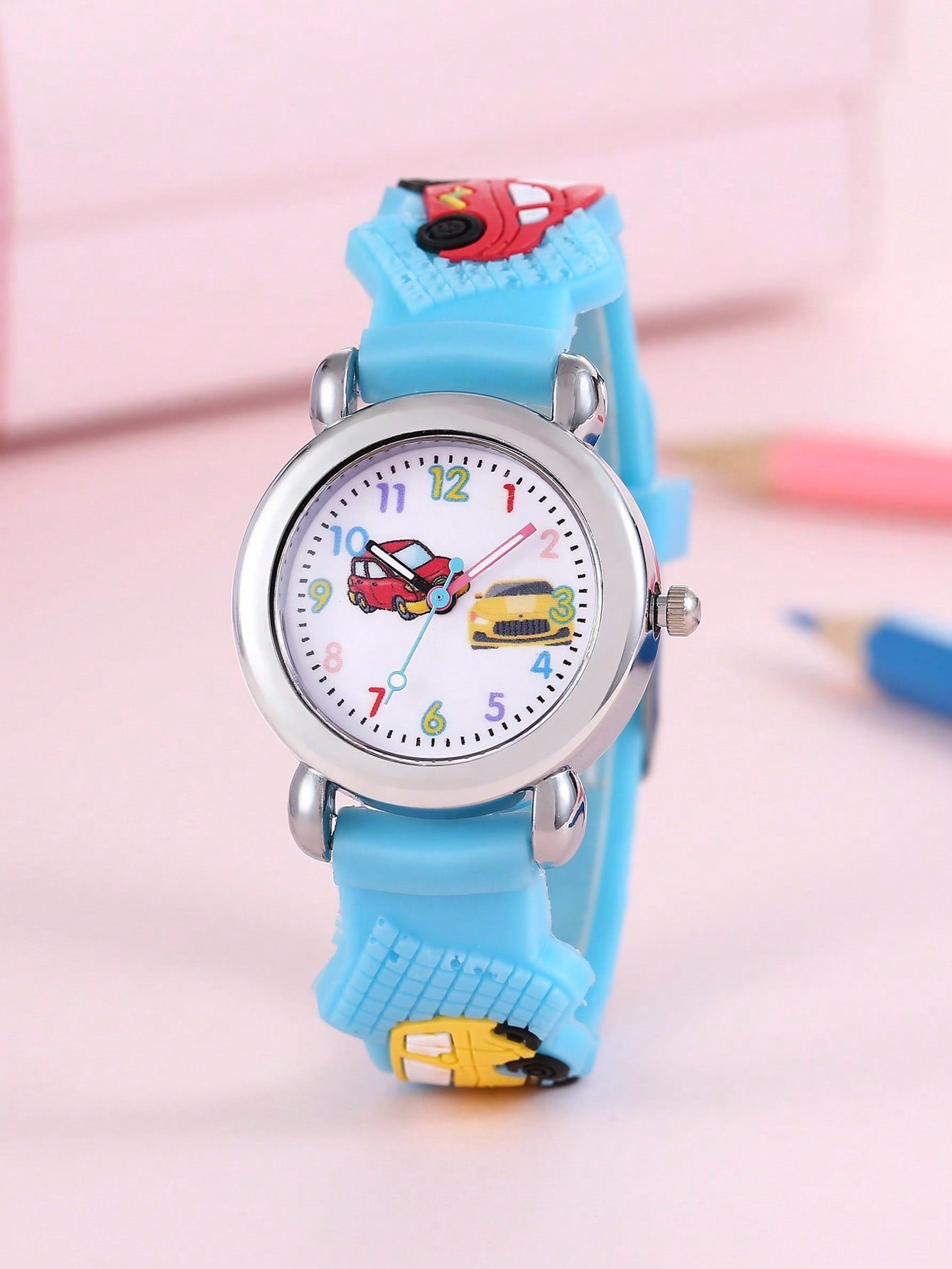 1pc Kids Royal Blue Plastic Strap Cute Car Pattern Round Dial Quartz Watch, For Daily Life