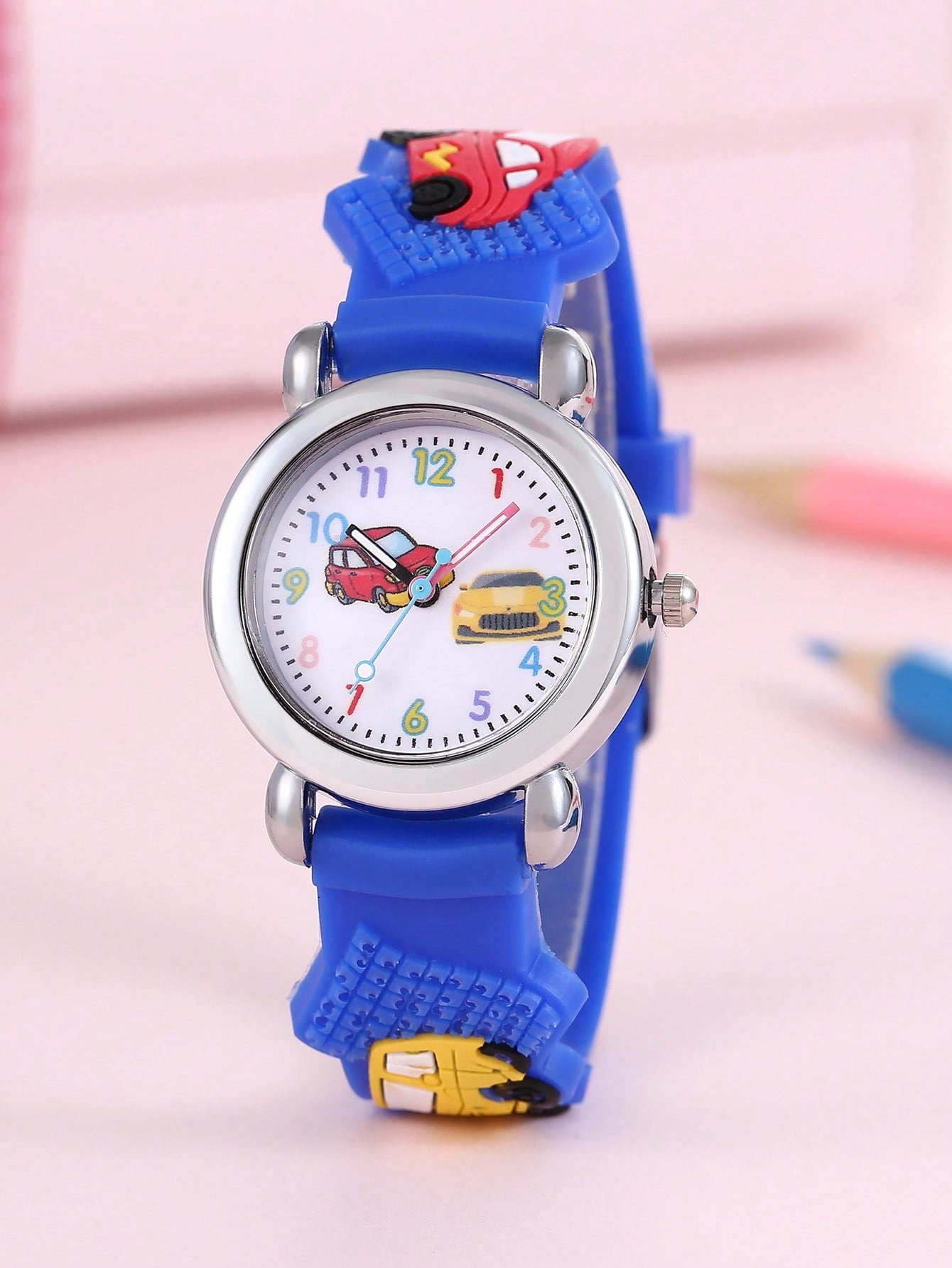 1pc Kids Royal Blue Plastic Strap Cute Car Pattern Round Dial Quartz Watch, For Daily Life