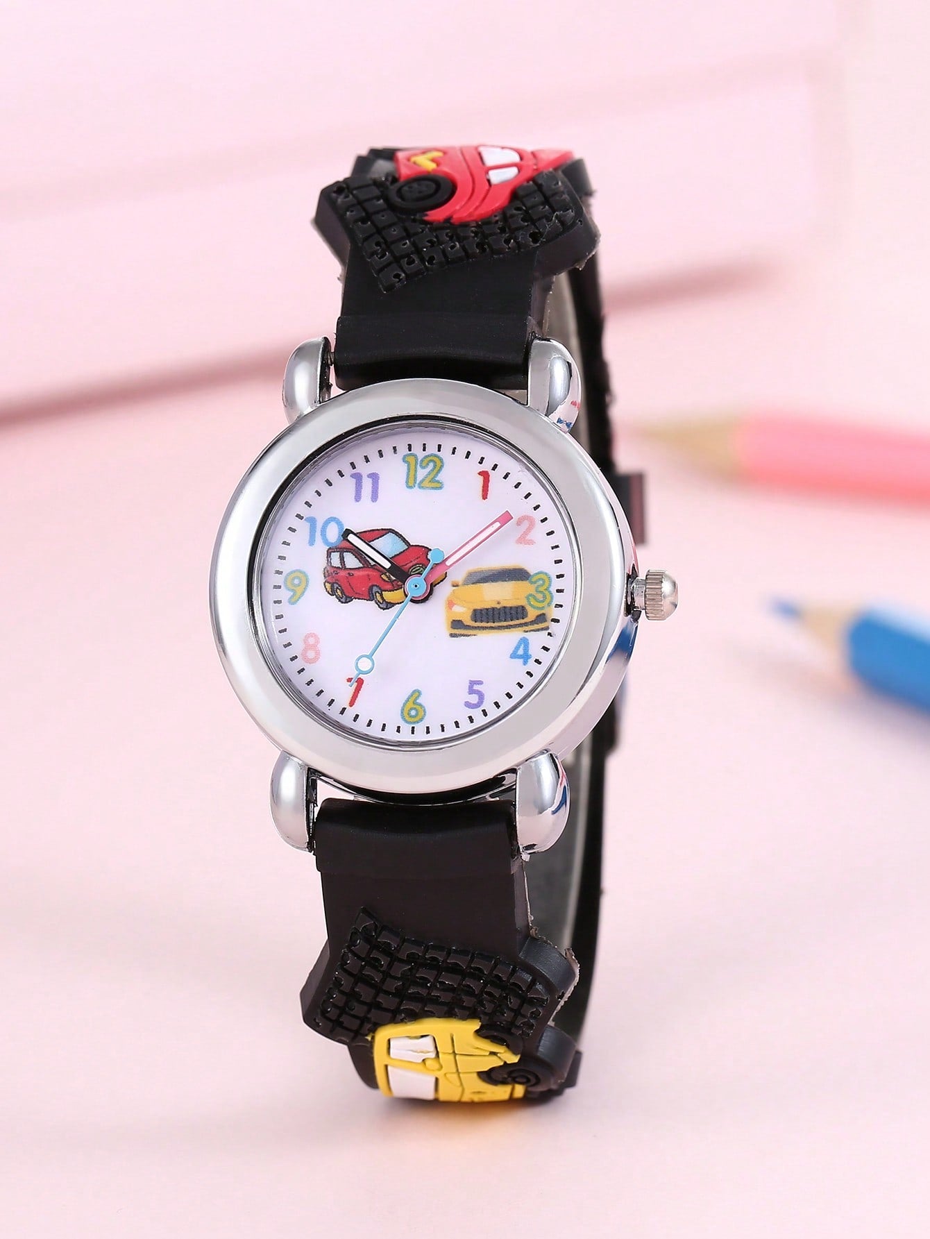 1pc Kids Royal Blue Plastic Strap Cute Car Pattern Round Dial Quartz Watch, For Daily Life