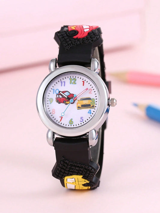 1pc Kids Black Plastic Strap Cute Car Pattern Round Dial Quartz Watch, For Daily Life