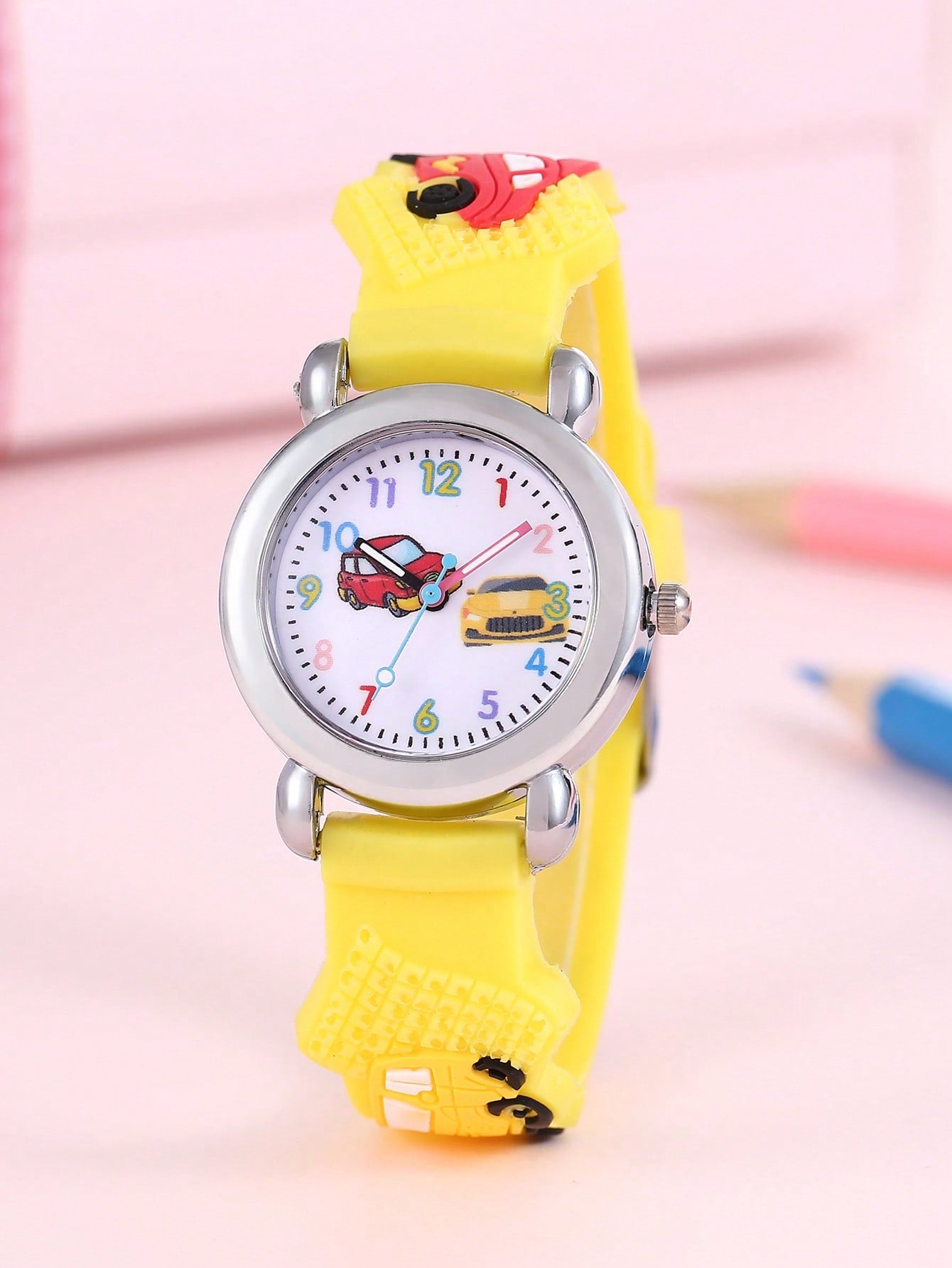 1pc Kids Royal Blue Plastic Strap Cute Car Pattern Round Dial Quartz Watch, For Daily Life