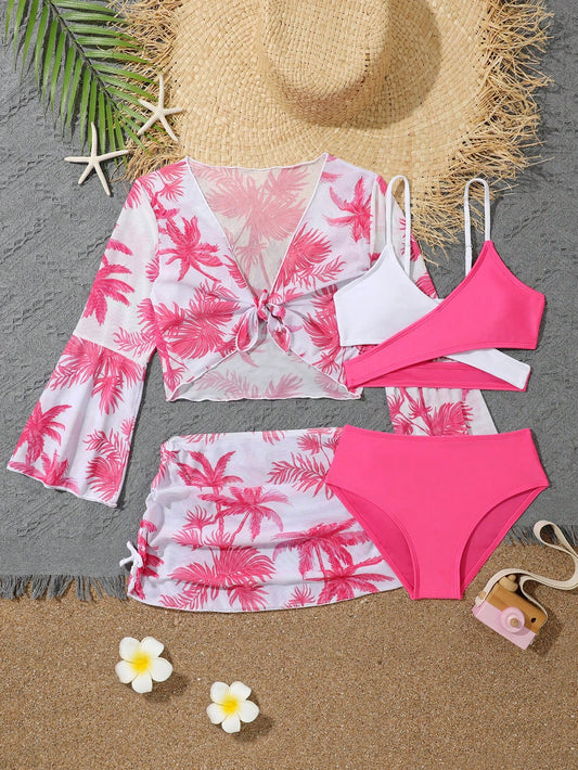 Tween Girl Colorblock Bikini Set With Coconut Tree Print Cover Up Set Summer Beach