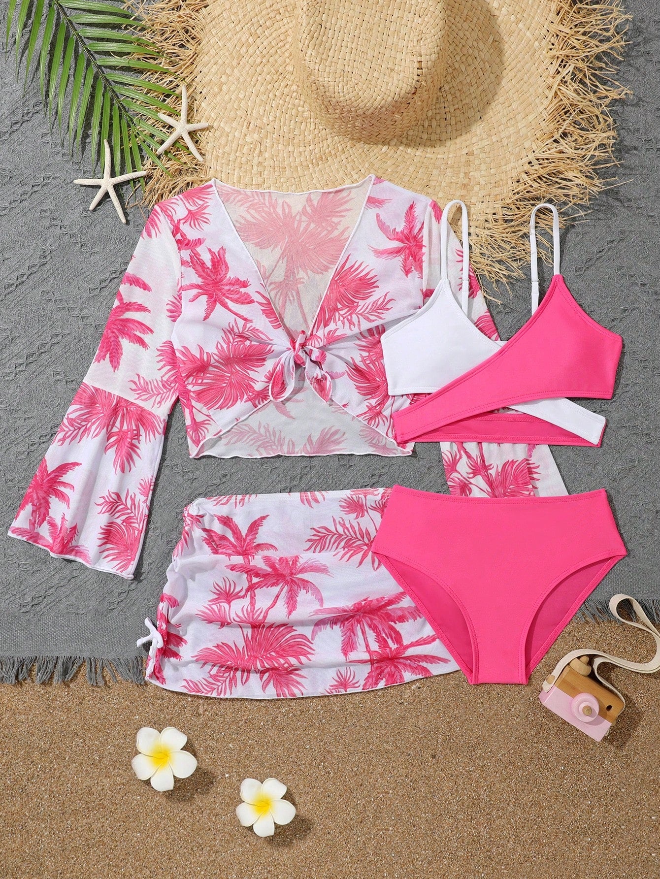 Tween Girl Colorblock Bikini Set With Coconut Tree Print Cover Up Set Summer Beach