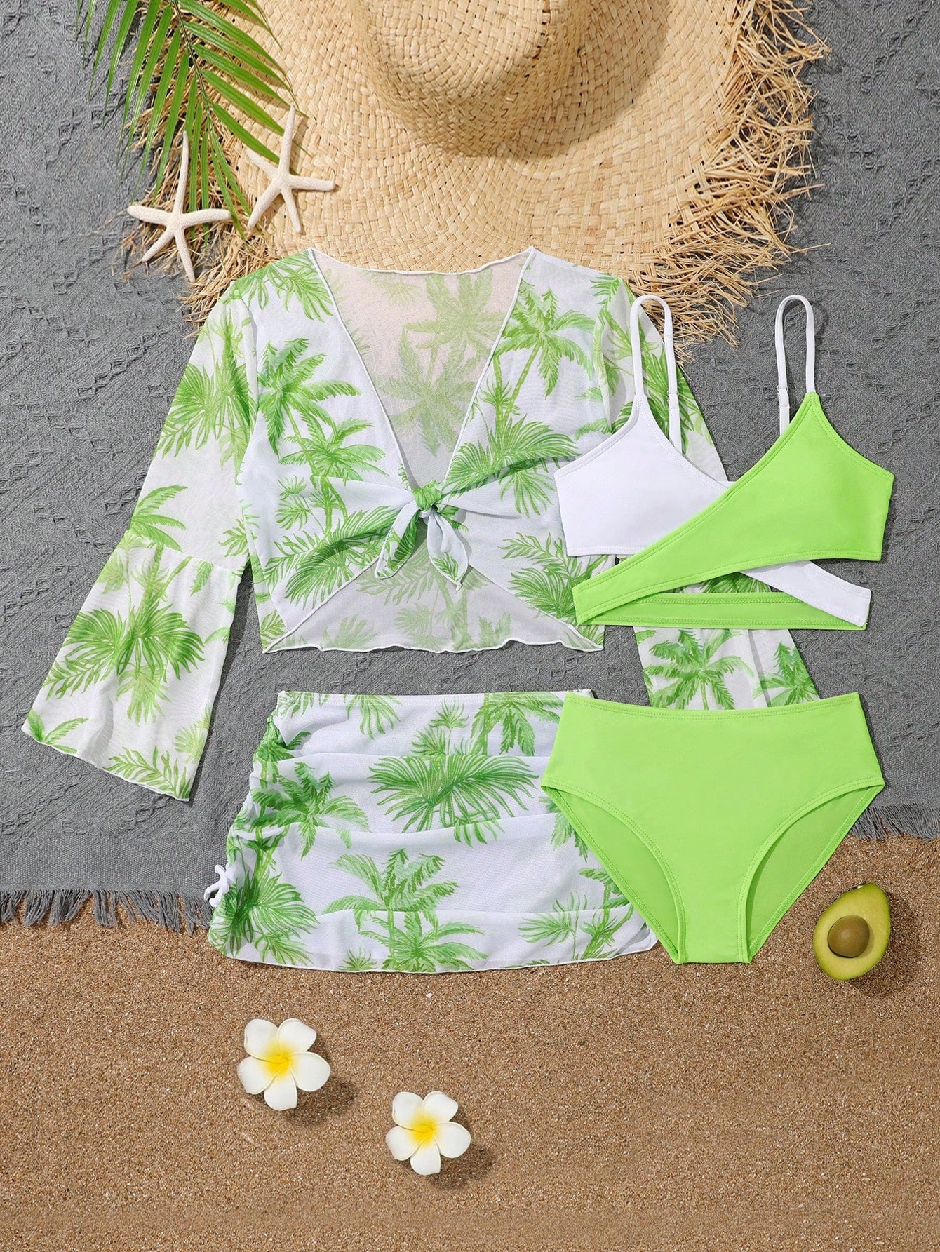 Tween Girl Colorblock Bikini Set With Coconut Tree Print Cover Up Set Summer Beach