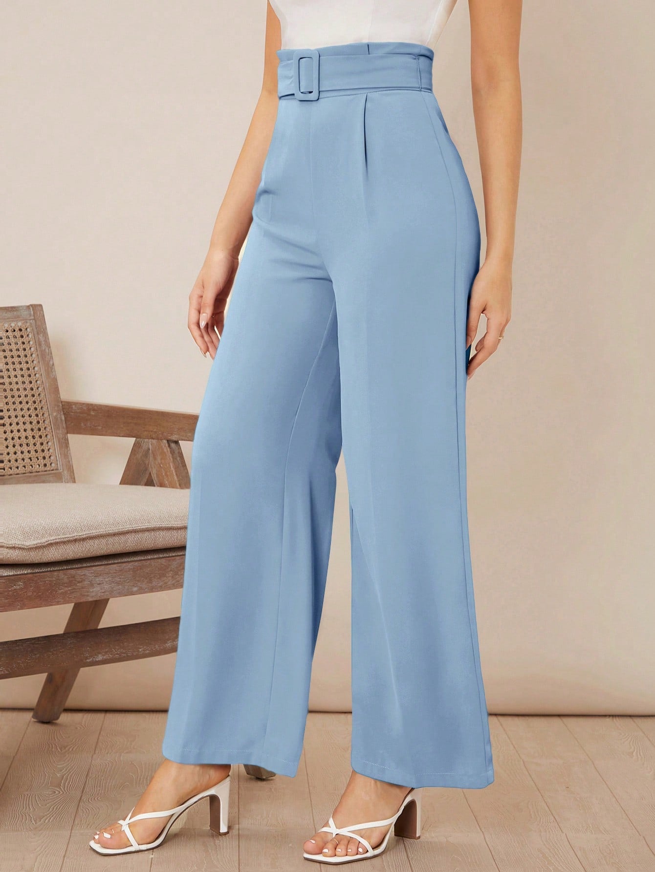 Women Commuting Solid High Waist Belted Wide Leg Pants