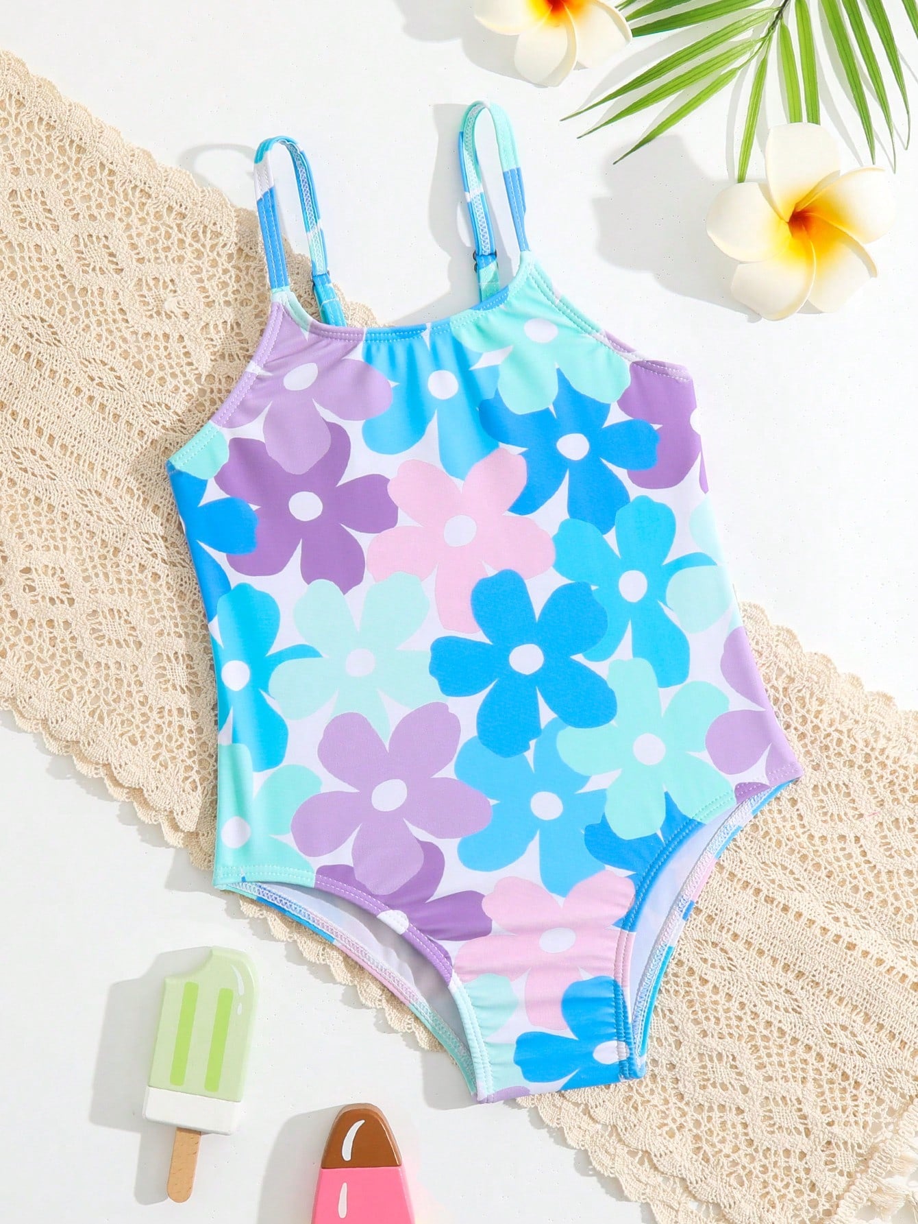 Young Girl Toddle One Piece Swimsuit With Cute Flower Design, Random Print, Adjustable Straps For Summer