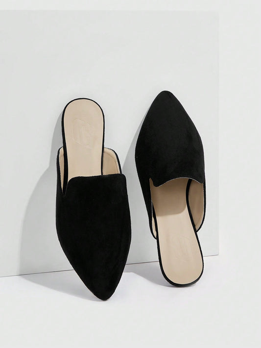 Woman Shoes Minimalist Point Toe Comfrontable Home Flats, Elegant Black Faux Suede Mules For Summer Vacation Shoes Summer Sale Elegant Flats Back To School Shoes College Student Shoes Elegant Business Casual Business Chic Halloween