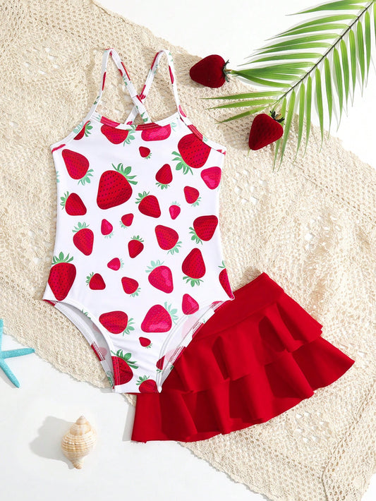 Young Girl One-Piece Swimsuit Set With Skirt, Cute Strawberry Print, Adjustable Shoulder Strap, Beach Summer