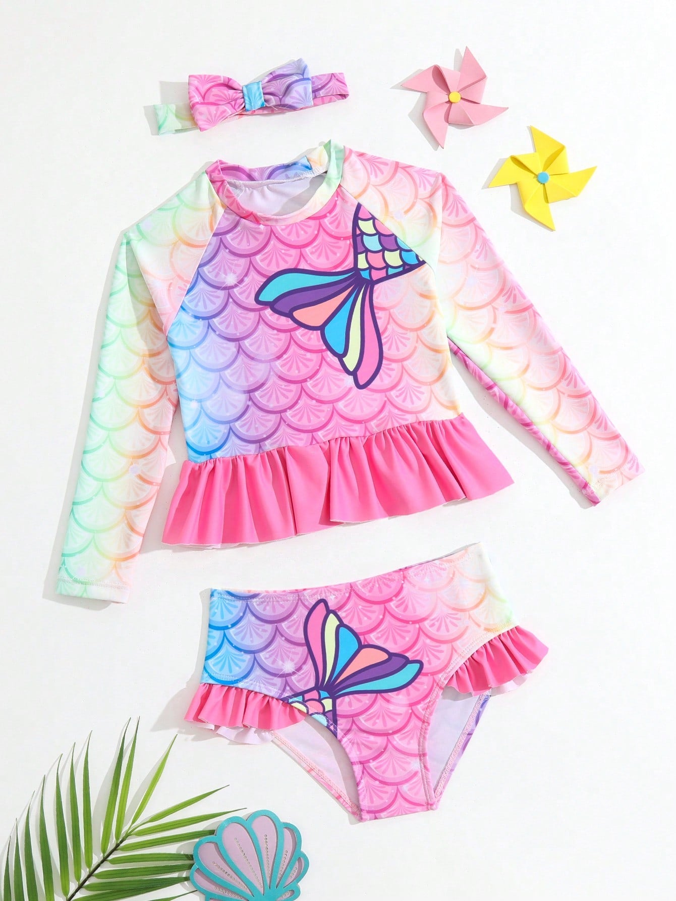 Young Girl Fish Scales & Mermaid Print Ruffle Hem Tankini Swimsuit & Headband