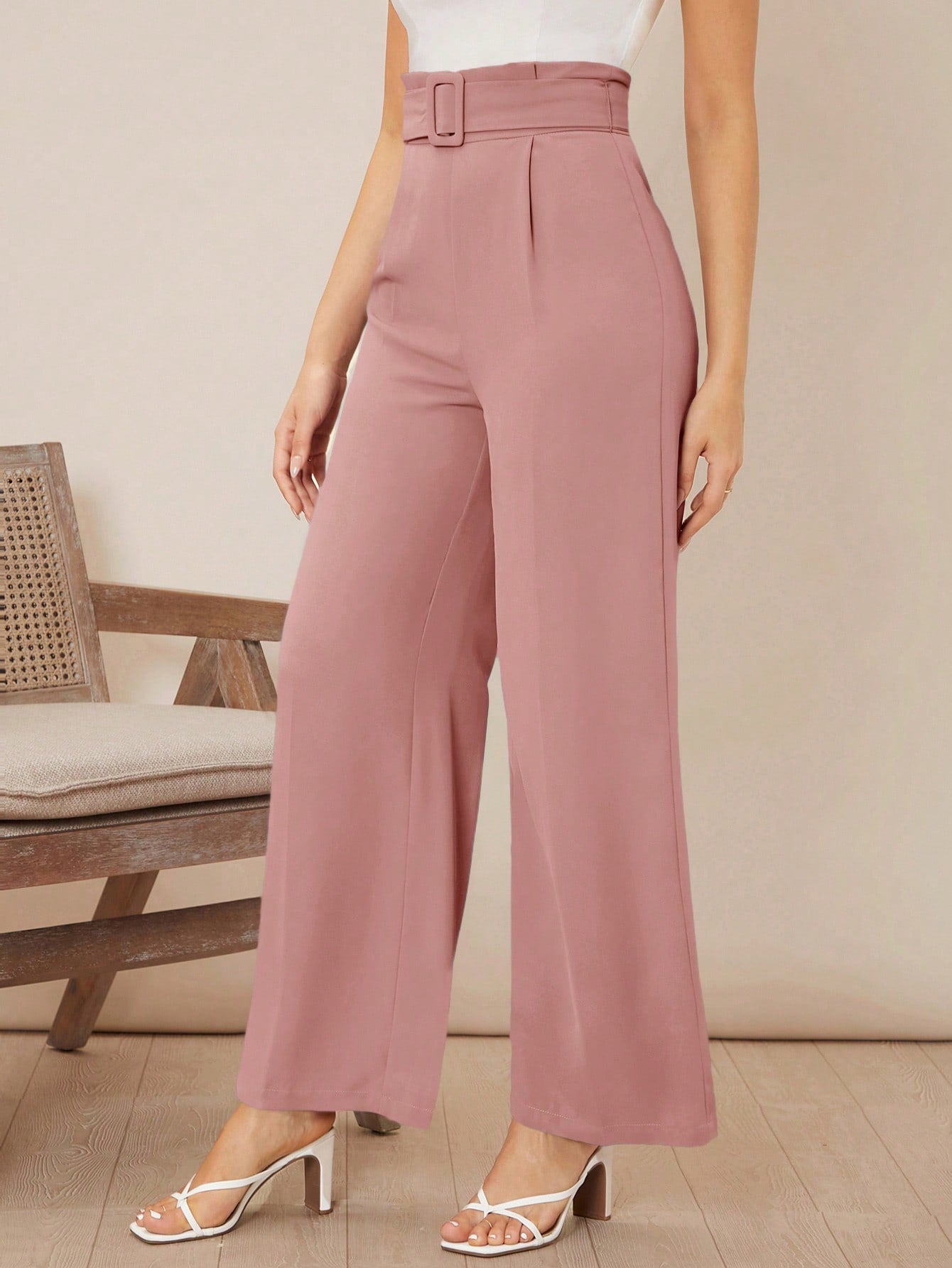 Women Commuting Solid High Waist Belted Wide Leg Pants