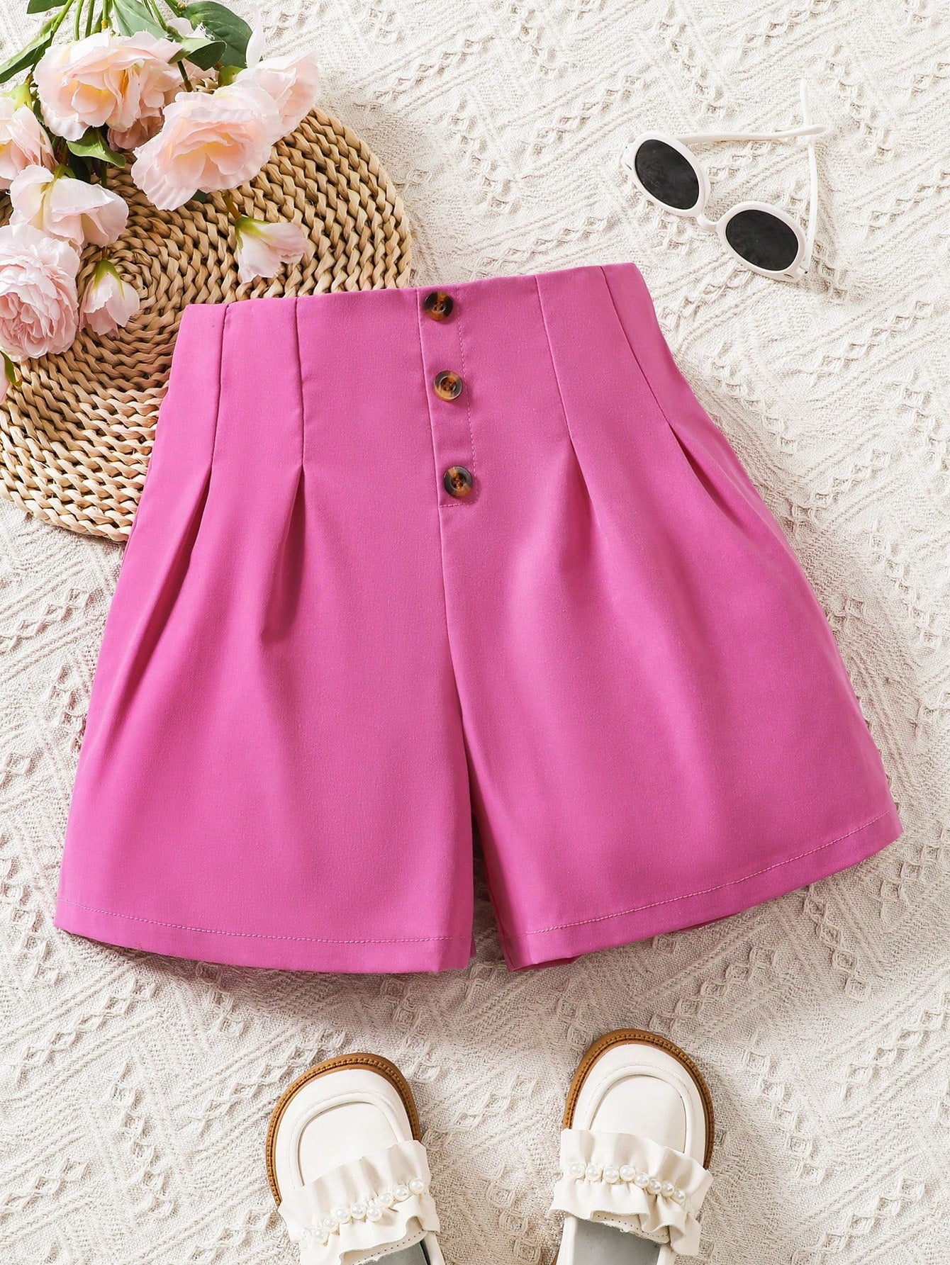 Tween Girls Button Front Plicated Detail Shorts For Summer