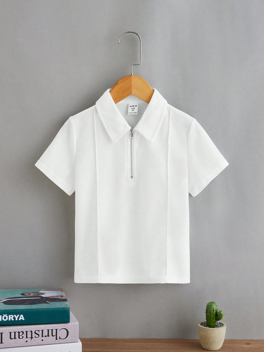 Young Boy's Casual Solid White Short Sleeve Regular Zip Polo Shirt, Suitable For Spring And Summer Daily Wear