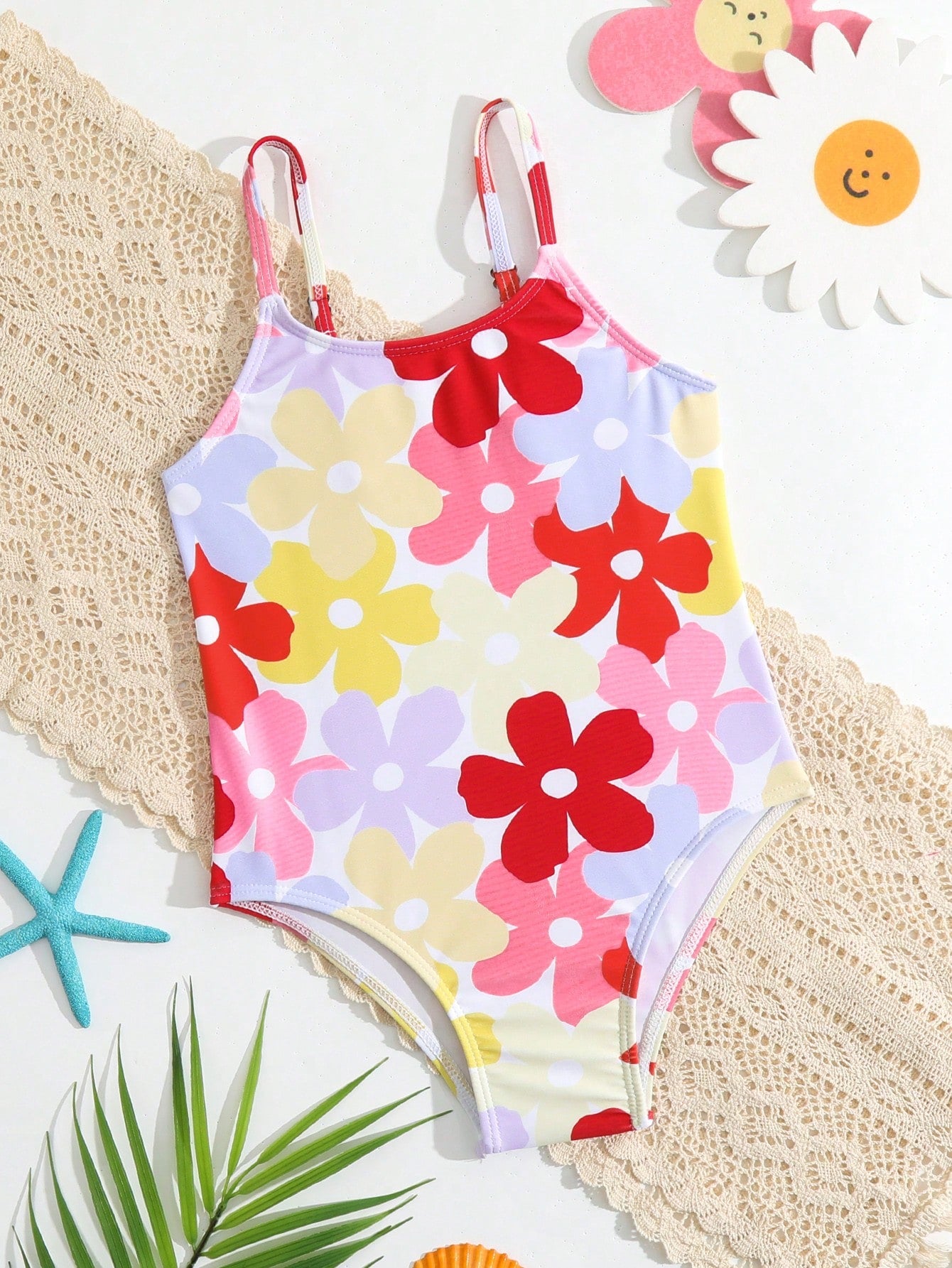 Young Girl Toddle One Piece Swimsuit With Cute Flower Design, Random Print, Adjustable Straps For Summer