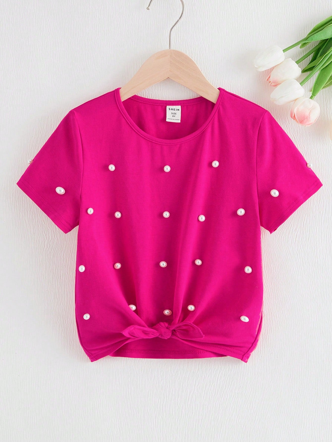 Tween Girls' Casual And Sweet Round Neck Pearl Embellished Twisted Short Sleeve T-Shirt