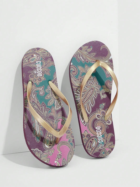 Woman Shoes Retro Paisley Pattern Toe Post Flip-Flops, Fashion Outdoor PVC Brown Flip Flops For Summer Vacation Shoes Summer Sale Back To School Shoes College Student Shoes