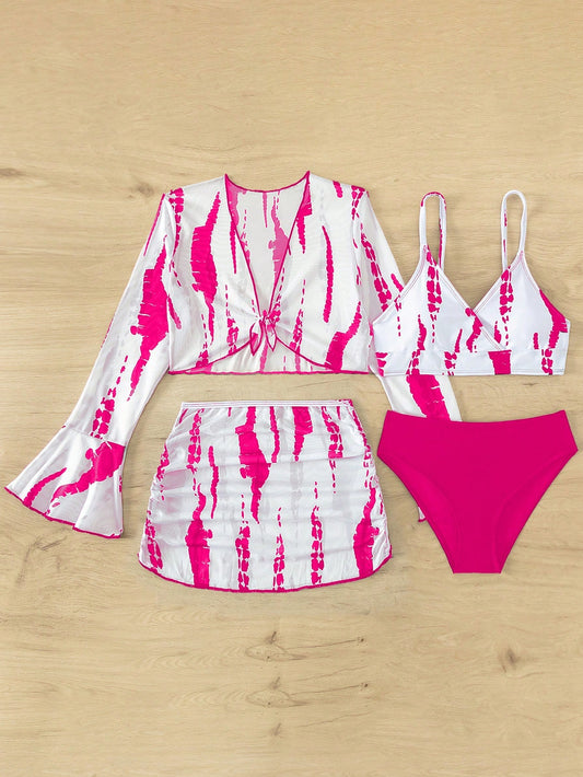 Teen Girls Allover Print Bikini Set With Flounce Sleeve Cover Up Set Matching Set Summer Beach