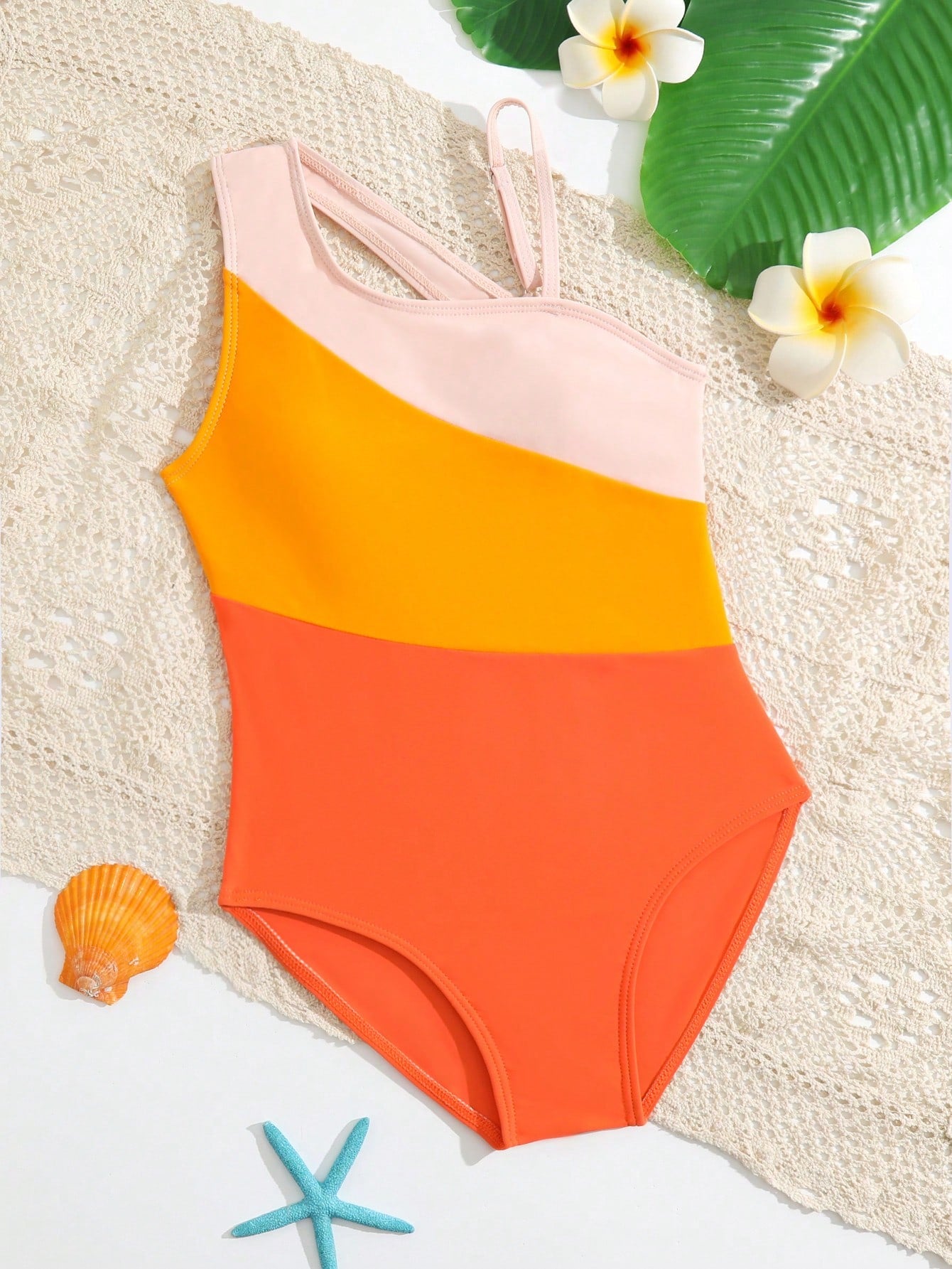 Tween Girl Summer Beach Colorblock Asymmetrical Neck One Piece Swimsuit, Bathing Suit