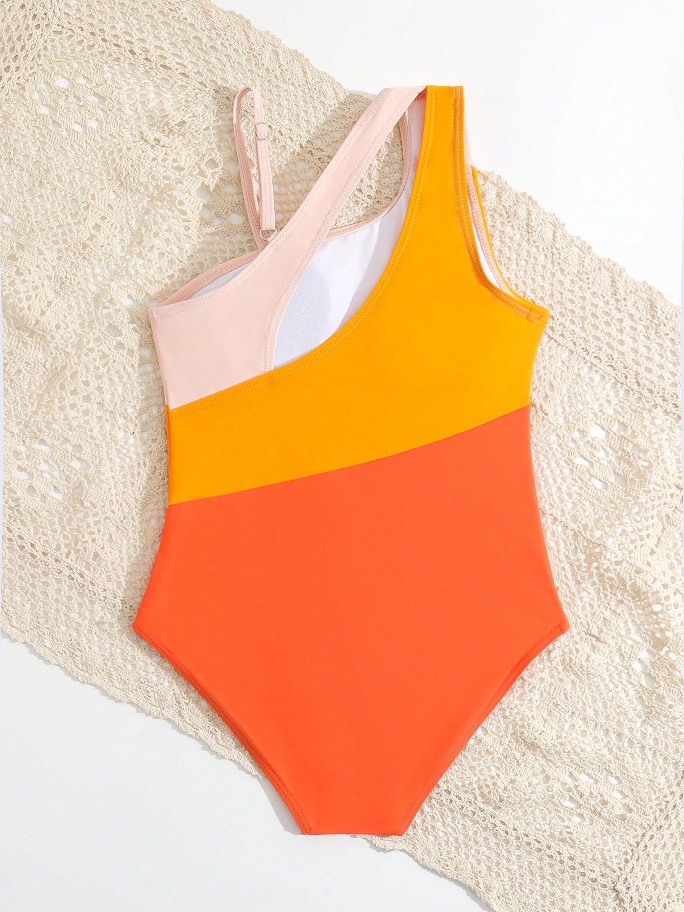 Tween Girl Summer Beach Colorblock Asymmetrical Neck One Piece Swimsuit, Bathing Suit