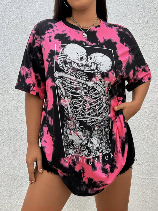 Deniart Artist Plus Tie Dye Skeleton Print Drop Shoulder Tee