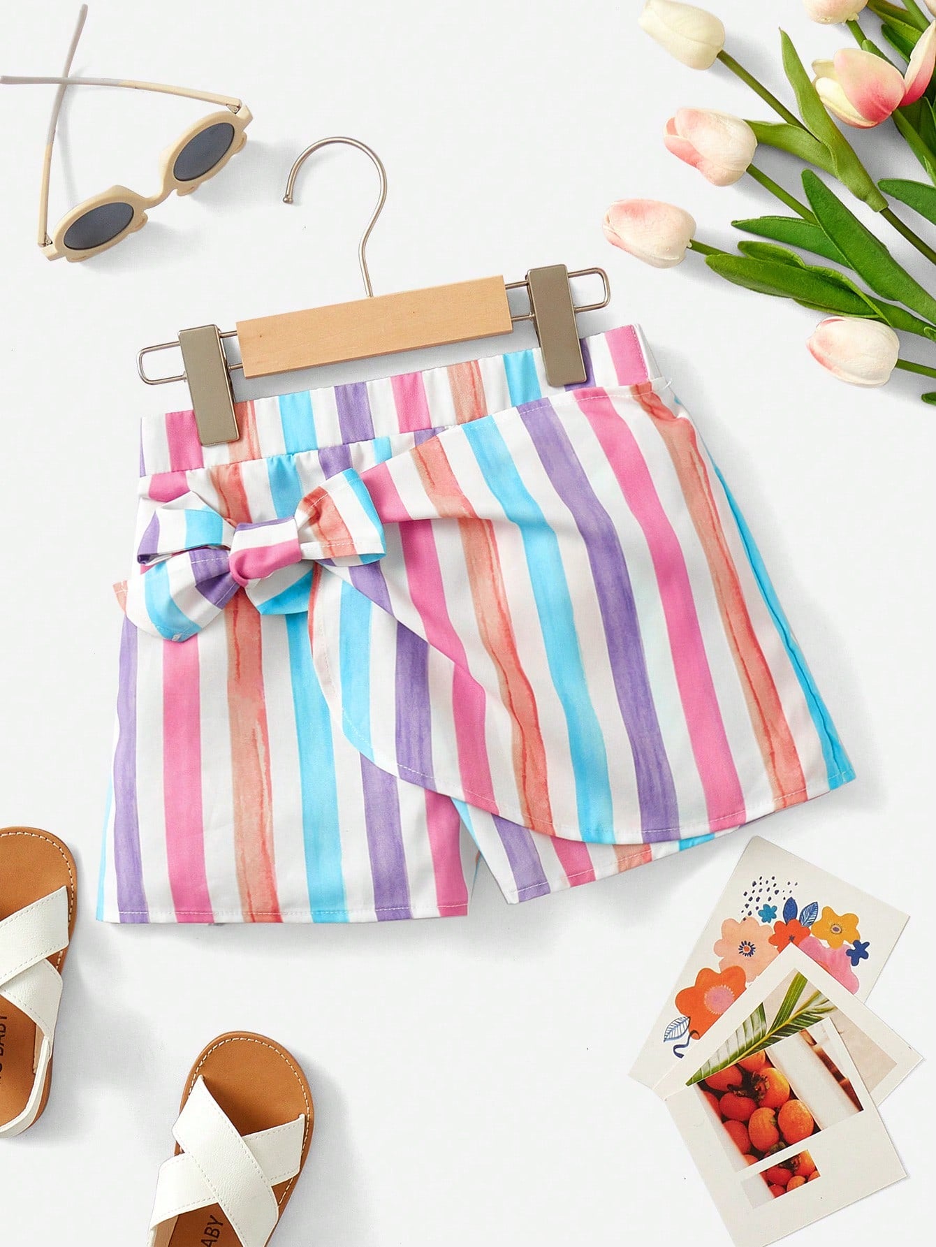 Tween Girl Striped Print Knot Side Wrap Hem Skort