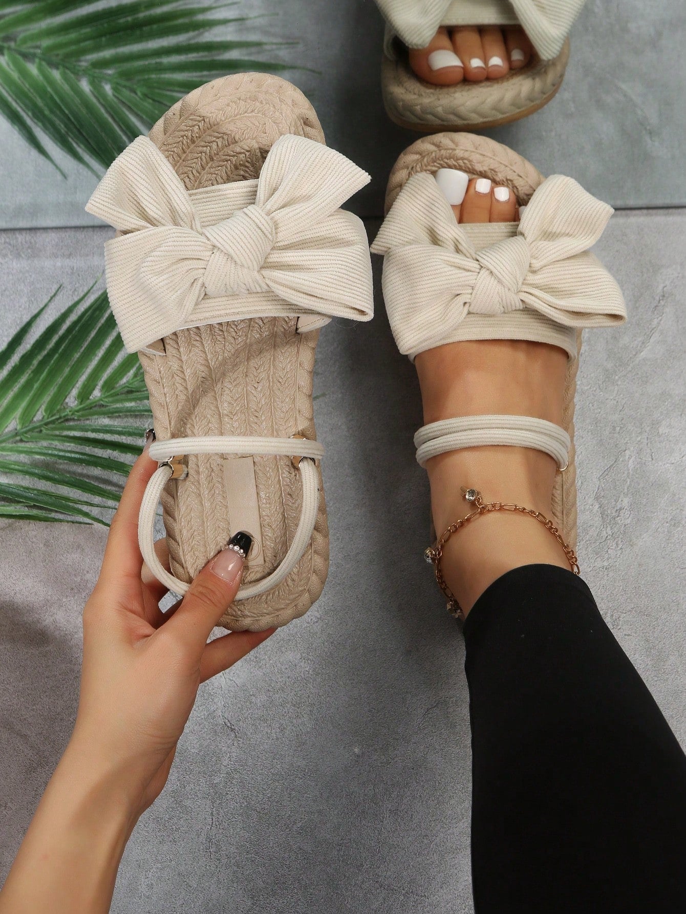 Women Ribbed Knit Bow Espadrille Open Toe Slide Sandals, Vacation Outdoor Polyester Flat Sandals