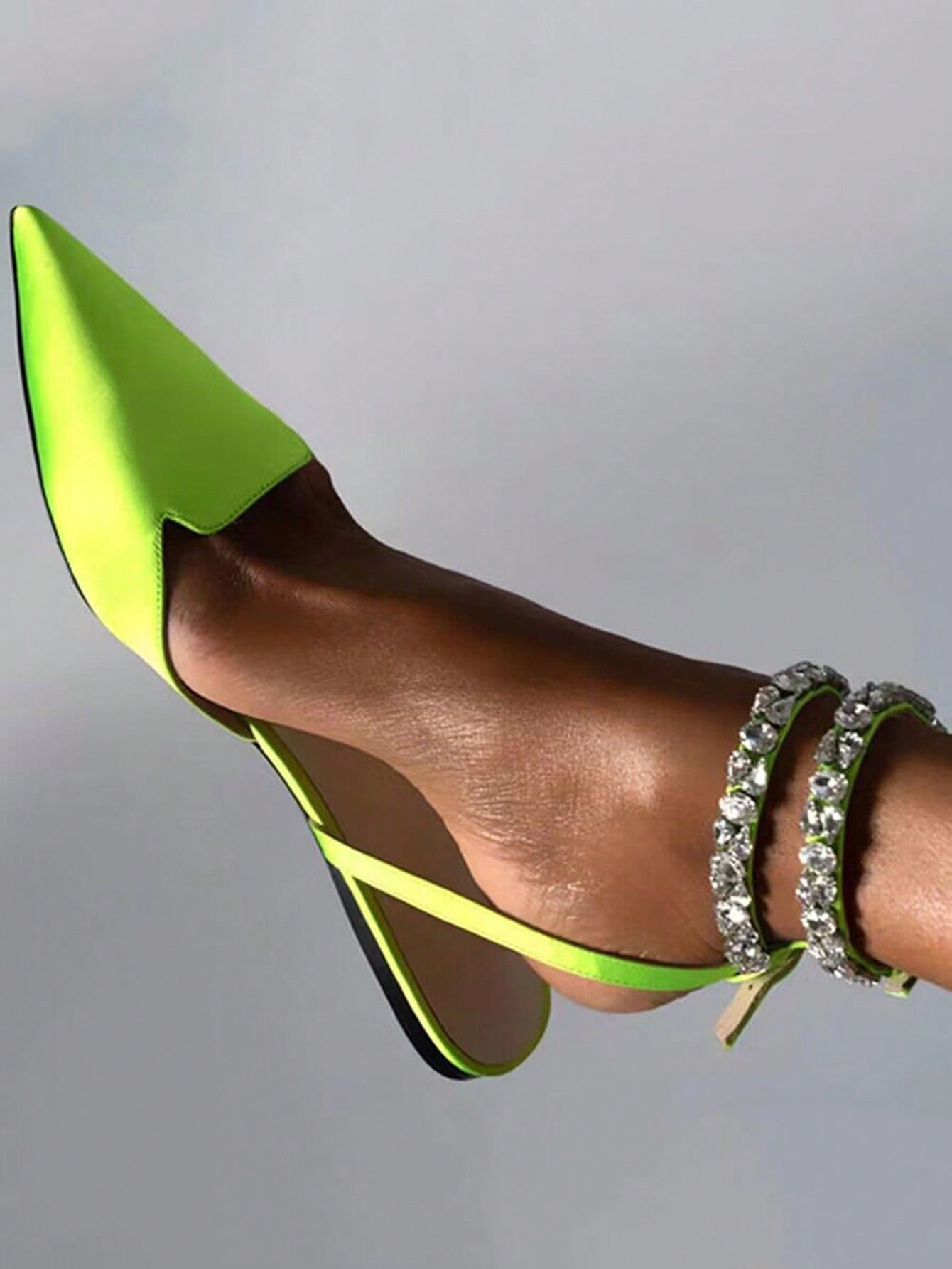 Funky Green Flats For Women, Rhinestone Decor Point Toe Strappy Flats