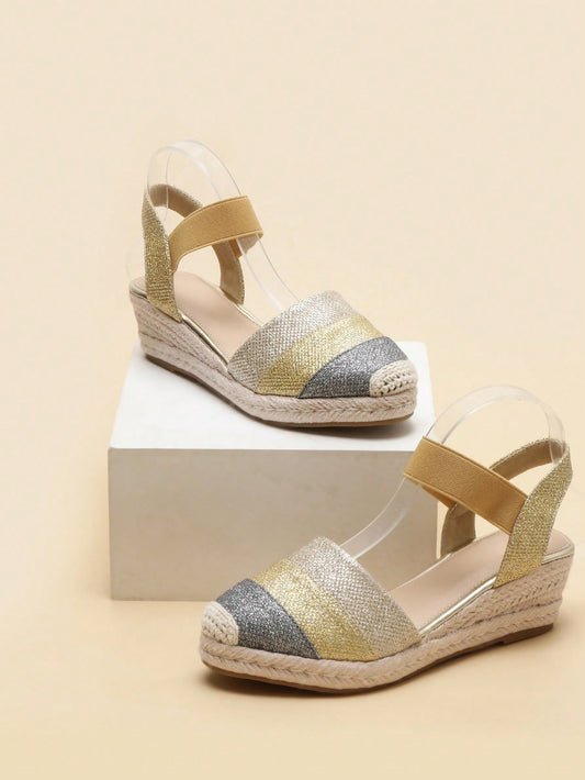 Vacation Shoes For Women, Glitter Colorblock Espadrille Wedge Court Shoes