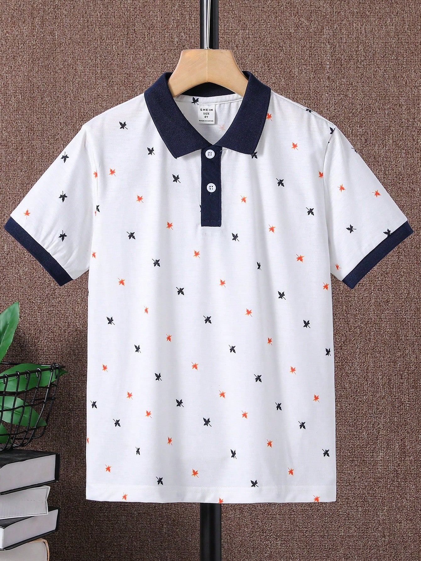 Tween Boy Fashionable And Simple Maple Leaf Print White Polo Shirt, Youth