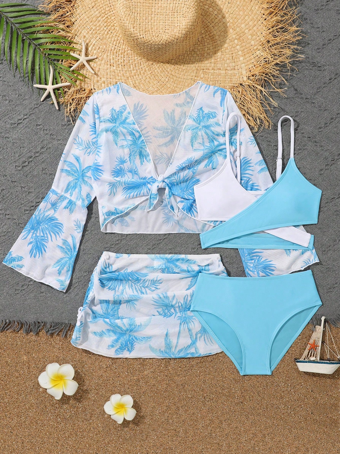 Tween Girl Colorblock Bikini Set With Coconut Tree Print Cover Up Set Summer Beach