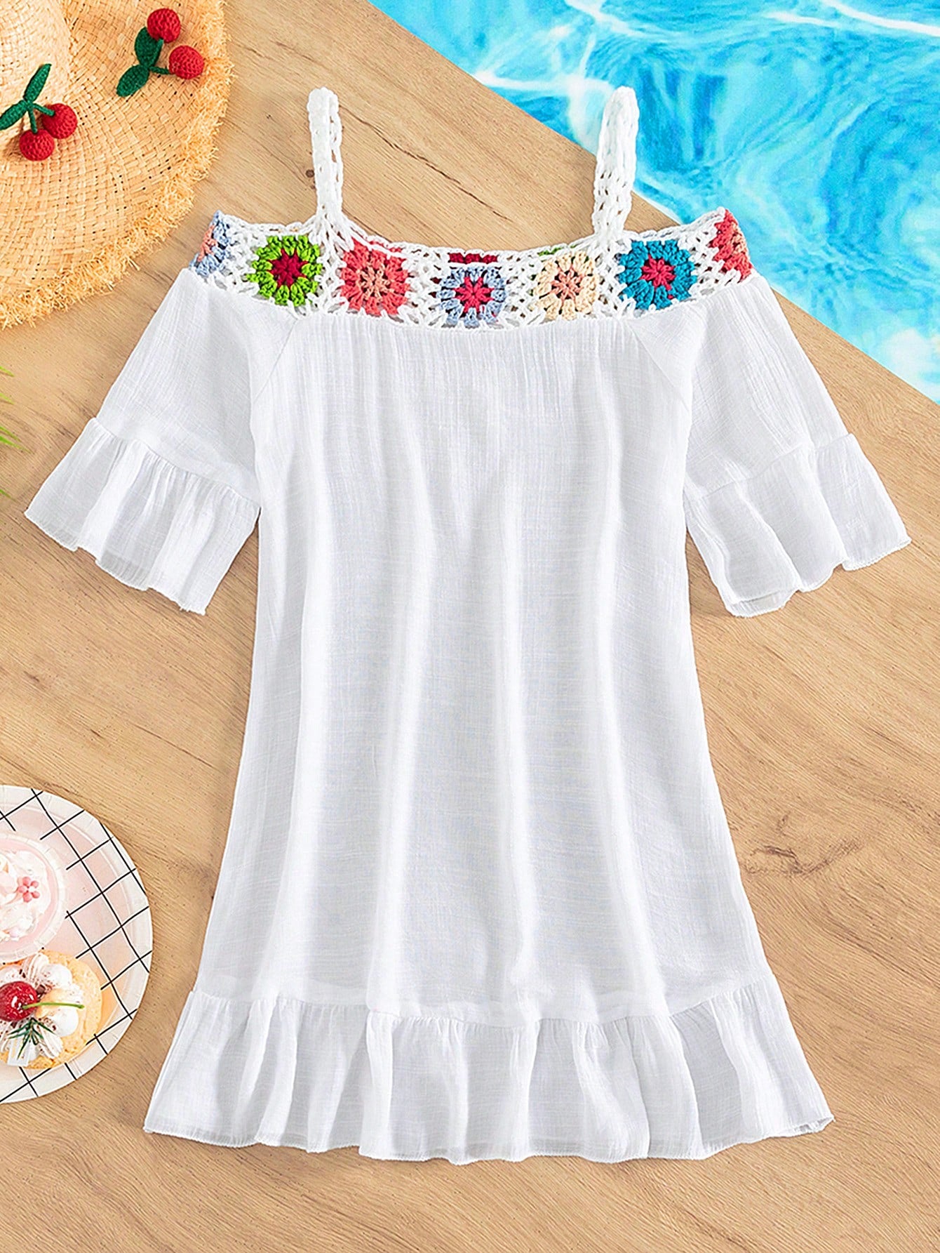 Tween Girl Crochet Detail Cold Shoulder Ruffle Hem Cover Up Dress