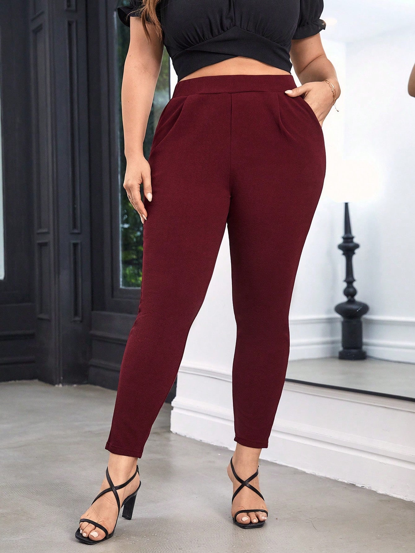 Plus High Waist Plicated Detail Tapered Pants