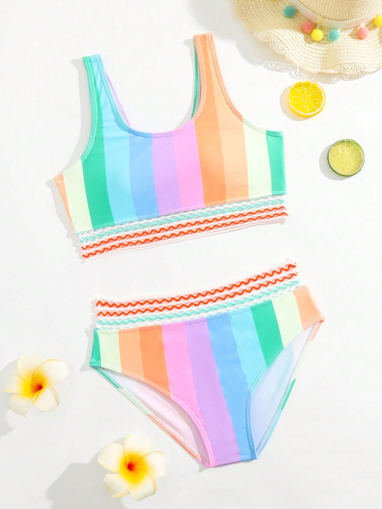 Tween Girl Colorblock Tape Detail Bikini Set Summer Beach