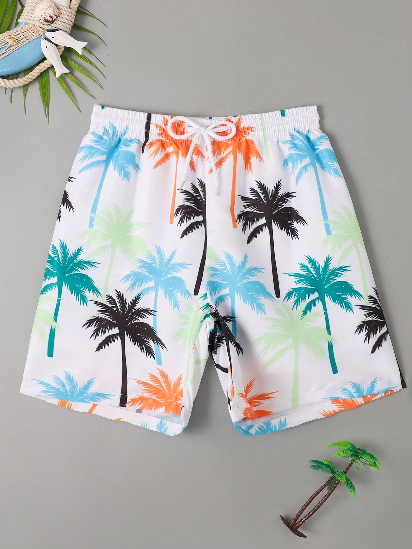 Tween Boy Coconut Tree Print Drawstring Waist Swim Trunks