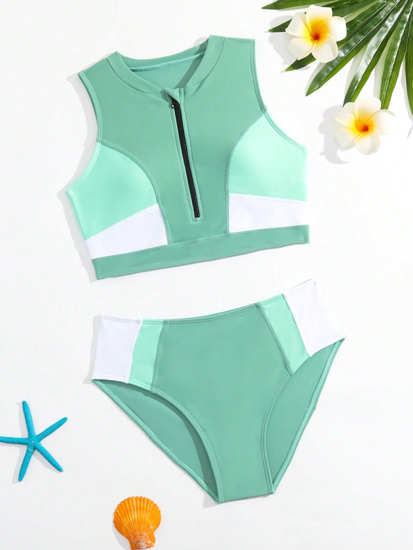 Teen Girl Color Block Zipper Front Bikini Set Summer Beach