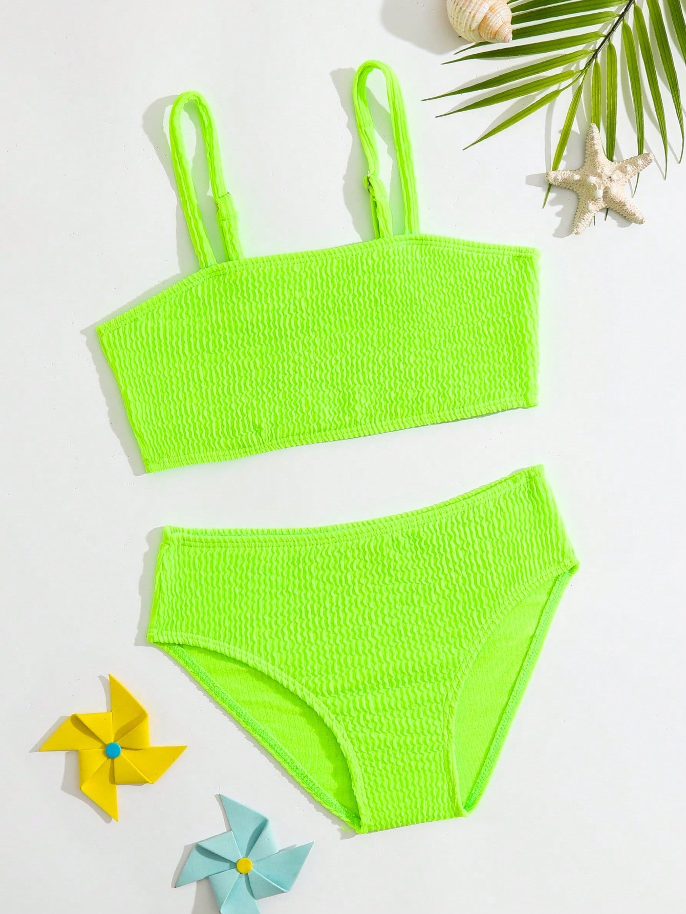 Young Girl Shirred Neon Bikini Set Bathing Suit, Summer Beach